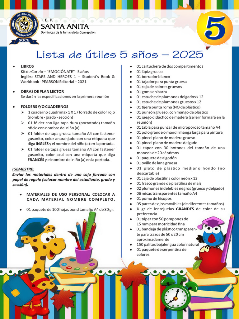 Lista de útiles escolares 5 años 2025 | PDF | Color | Arco iris