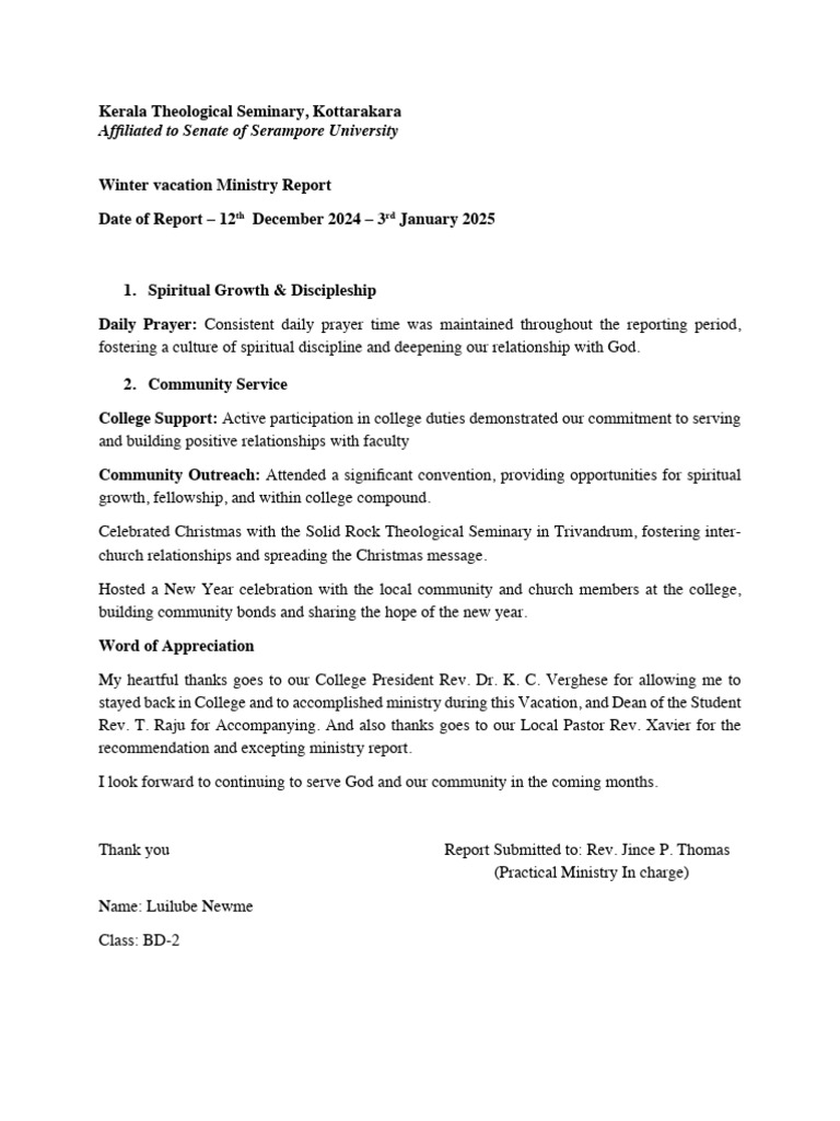Kerala Theological Seminary Winter Report | PDF