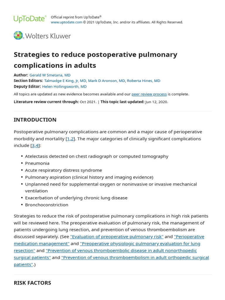 Strategies To Reduce Postoperative Pulmonary Complications in Adults ...