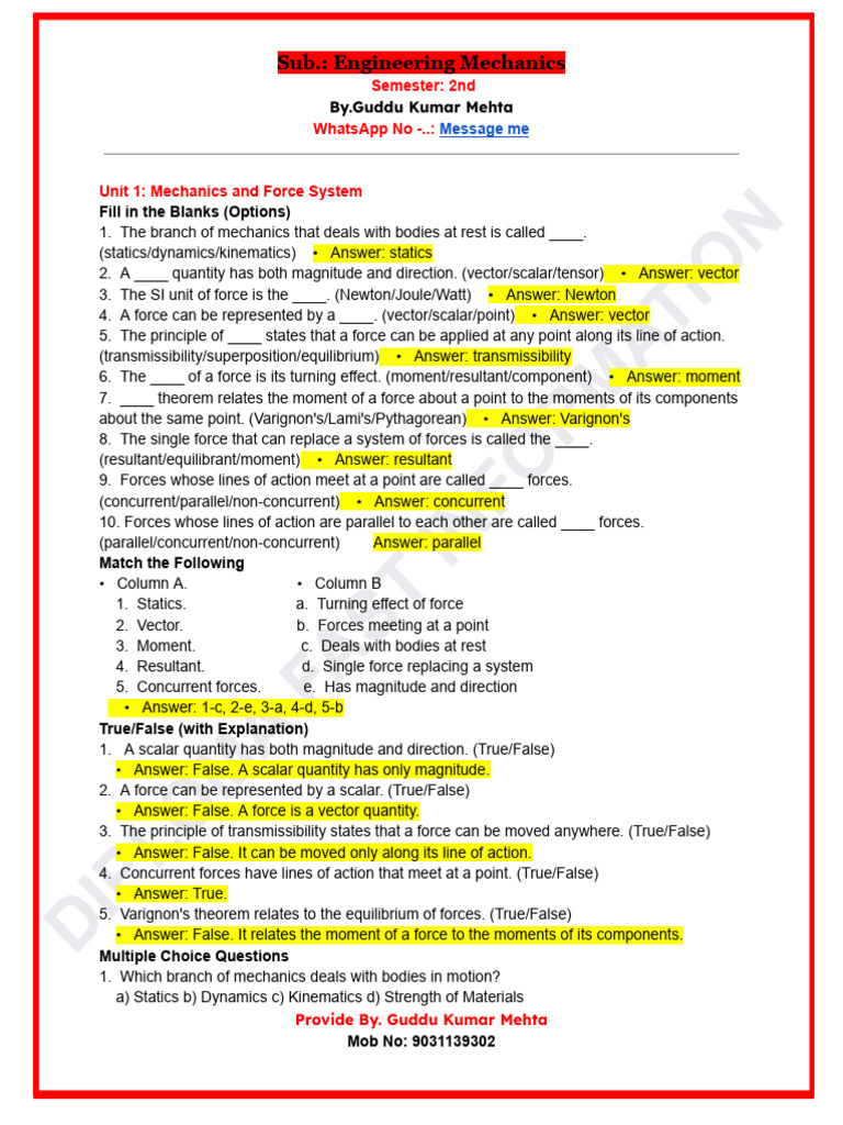 Engineering Mechanics Exam Pattern Objective | PDF | Friction | Force