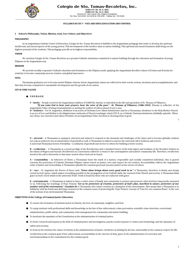 CDI 7: Vice and Drug Education Syllabus | PDF | Crimes | Crime & Violence