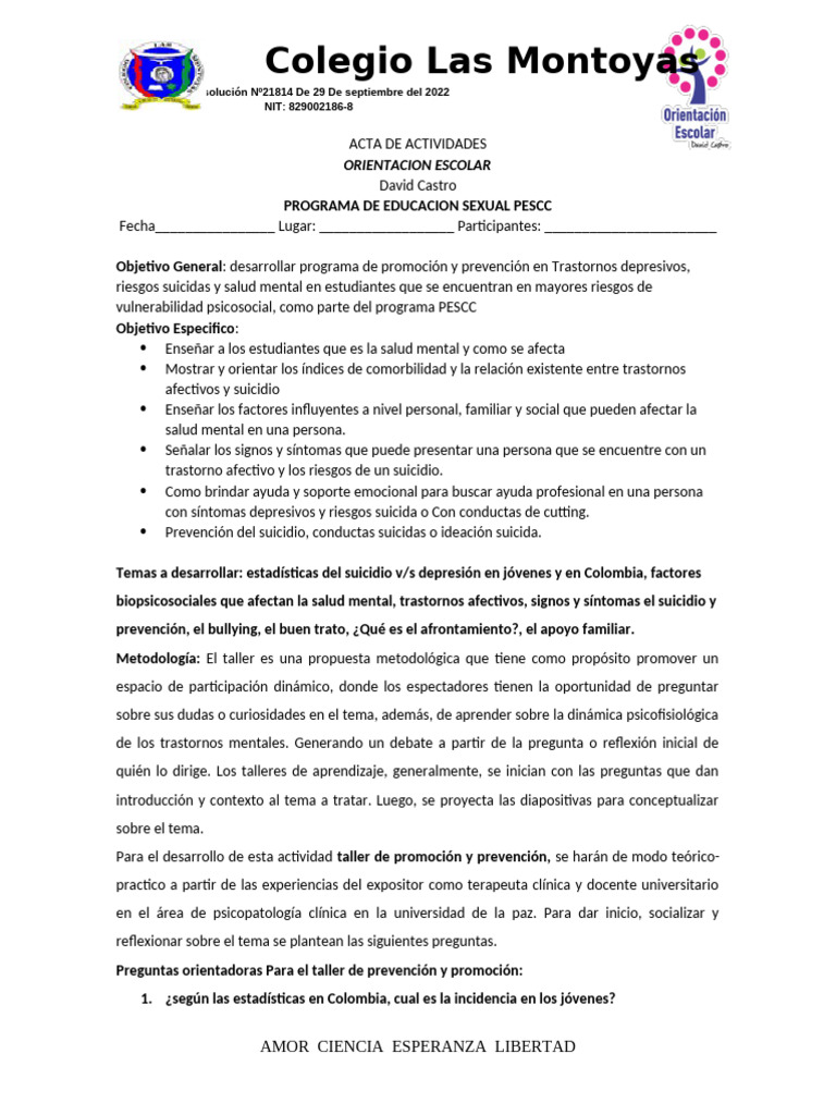 Acta de Actividades Orientacion Escolar 2023 | PDF | Suicidio ...