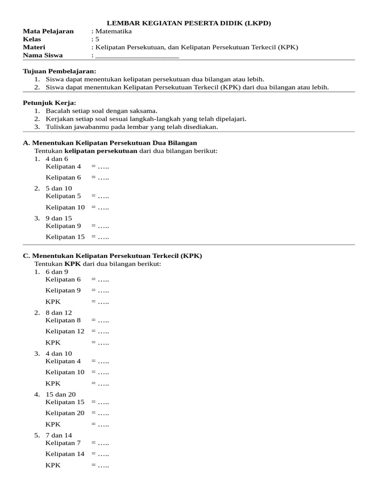 KPK & Kelipatan Persekutuan Kelas 5 | PDF