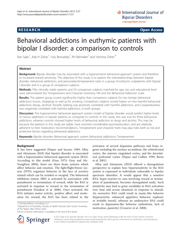 Behavioral Addictions in Euthymic Patients With Bipolar I Disorder: A ...