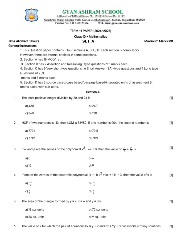 Class 10 Maths Term-1 Question Paper | PDF | Discrete Mathematics ...