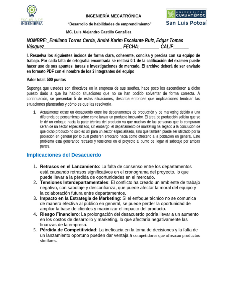 Desarrollo de Hablidades de Emprendimiento Examen Tercer Parcial | PDF ...