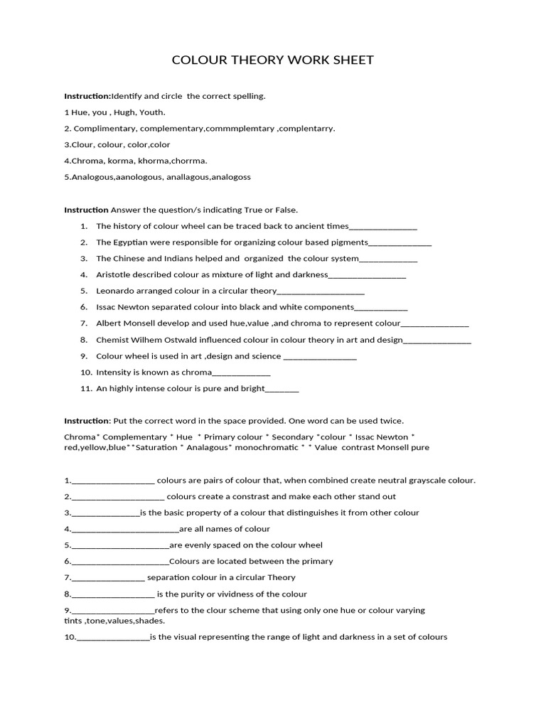 Colour Theory Work Sheet | PDF