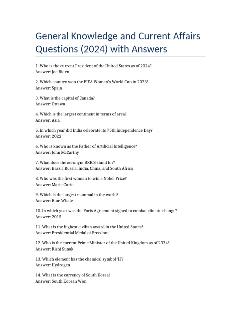 2024 General Knowledge Q A Pdf