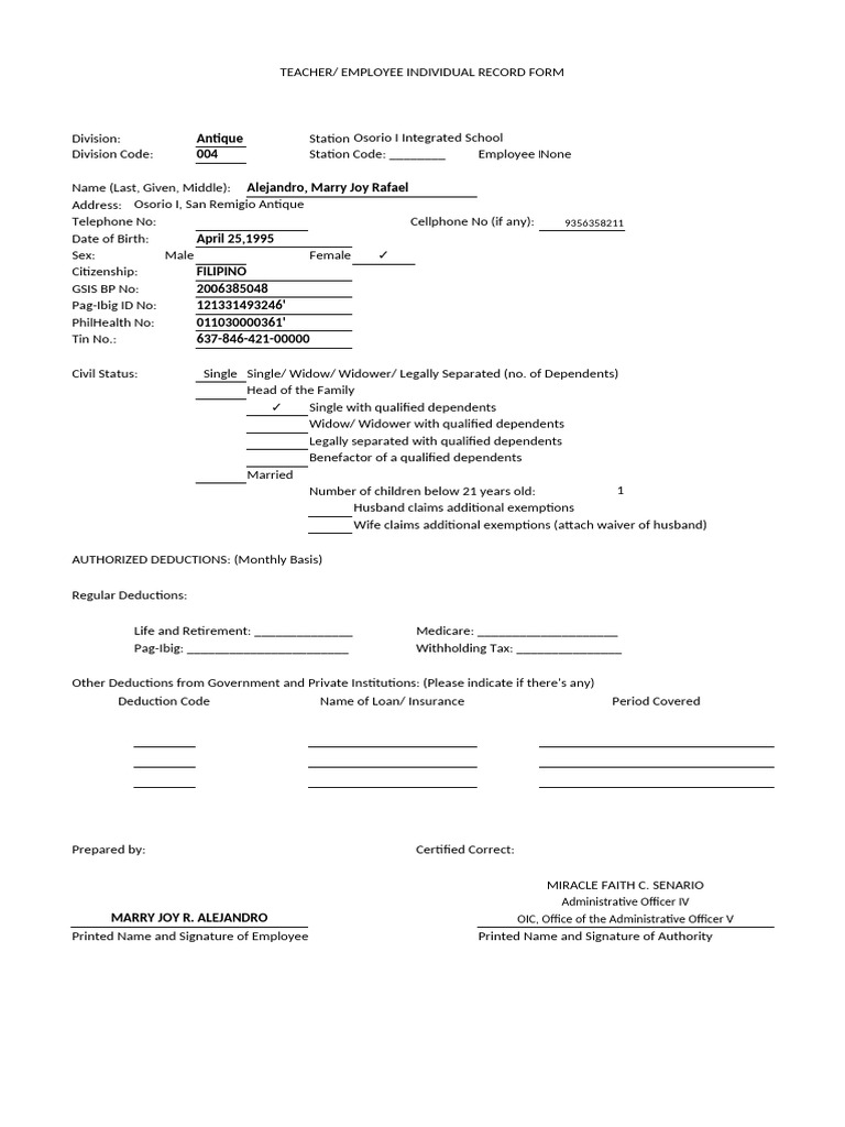Teacher Employee Record Form Template | PDF | Taxation | Public Finance