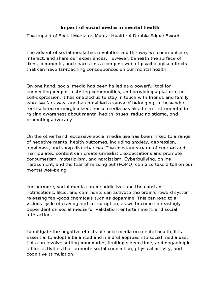 impact of social media in mental health | PDF | Social Media | Popular ...