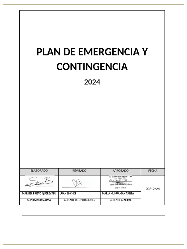 Plan de Emergencia y Contingencia 2024 | PDF | Seguridad y salud ...