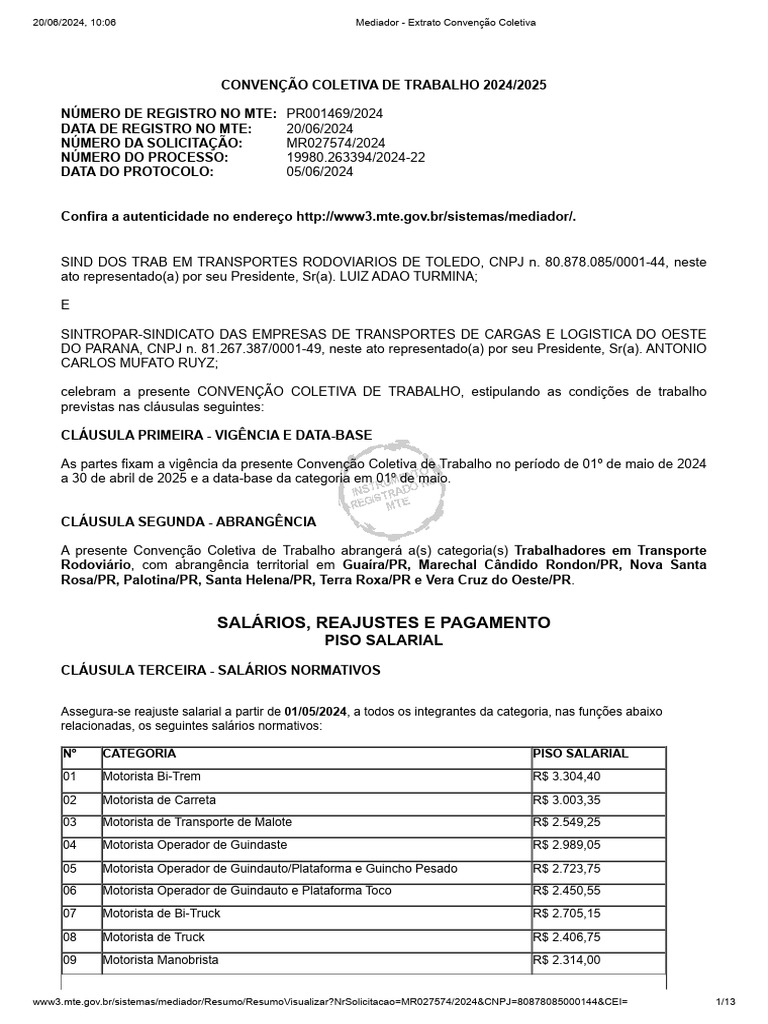 Piso Salarial Motoristas 2024/2025 | PDF | Férias trabalhistas | Sindicato