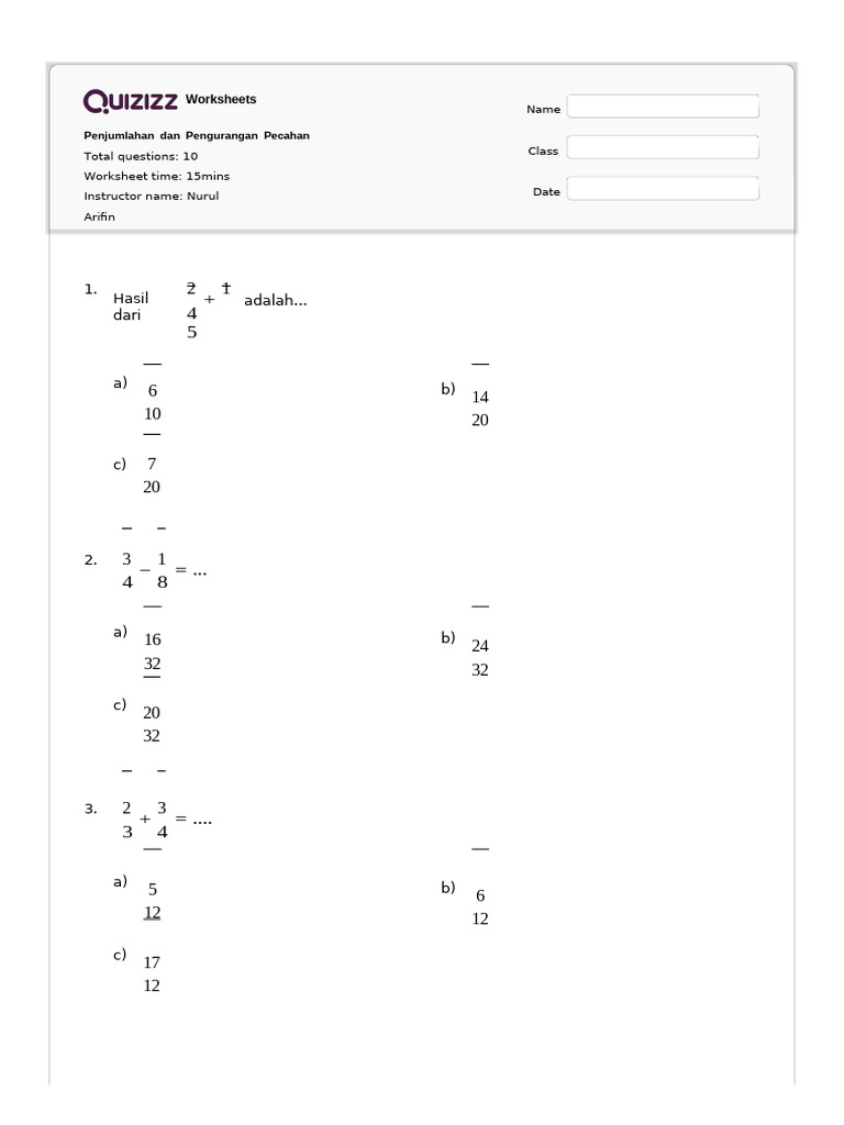 Fraction Addition and Subtraction Quiz | PDF