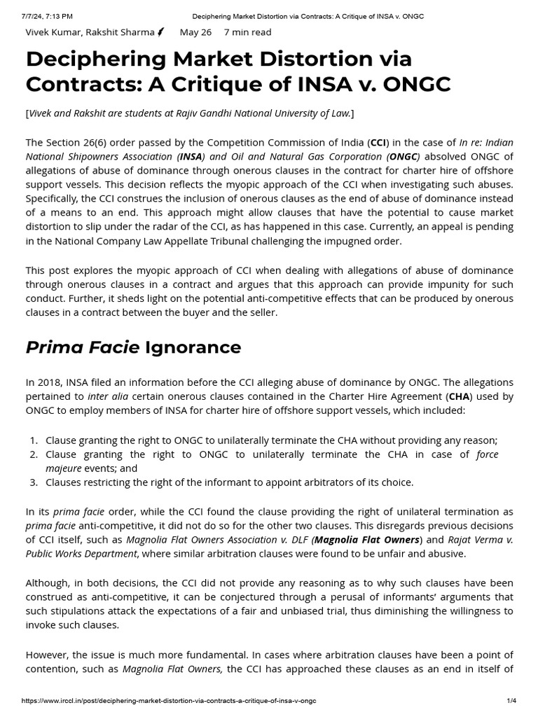 Market Distortion in INSA v. ONGC Analysis | PDF | Private Law | Justice