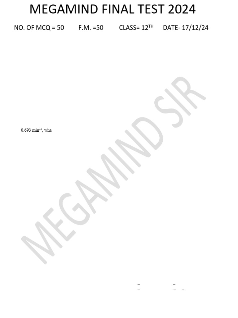 12th Grade Chemistry Mega Test 2024 | PDF | Chlorine | Methane