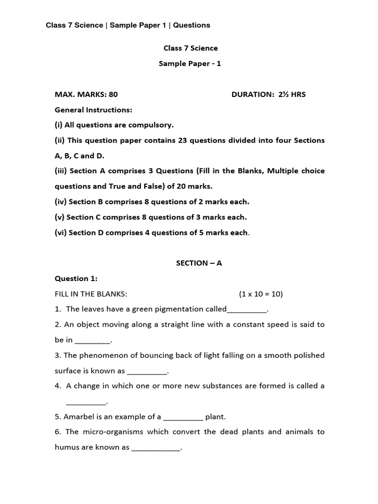 Class 7 Science Sample Paper 1 Questions | PDF | Cellular Respiration ...
