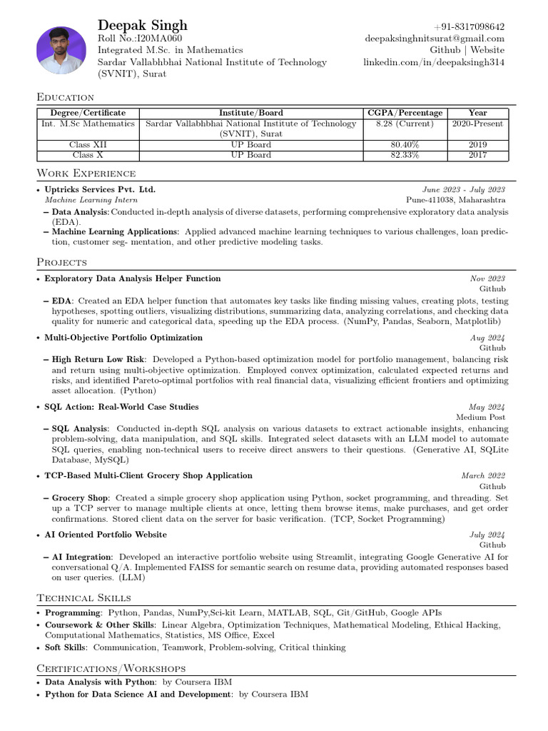 Deepak_Singh_Resume_ | PDF | Data Analysis | Machine Learning