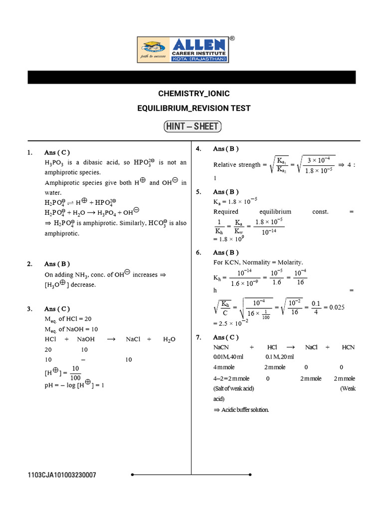 Chemistry Ionic Equilibrium Revision Test Hs | PDF | Ph | Acid