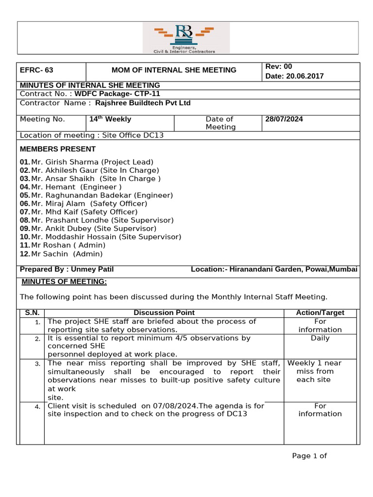 Internal SHE Meeting Minutes - July 2024 | PDF | Safety