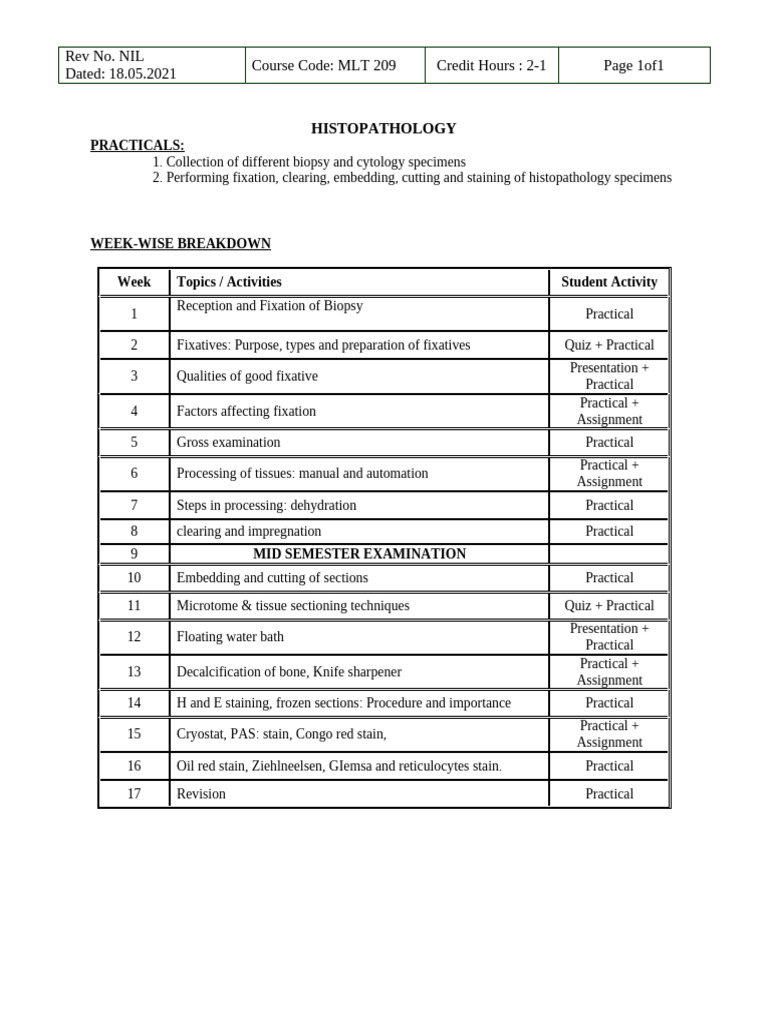 HISTOPATHOLOGY MLT 209 | PDF | Histopathology | Pathology