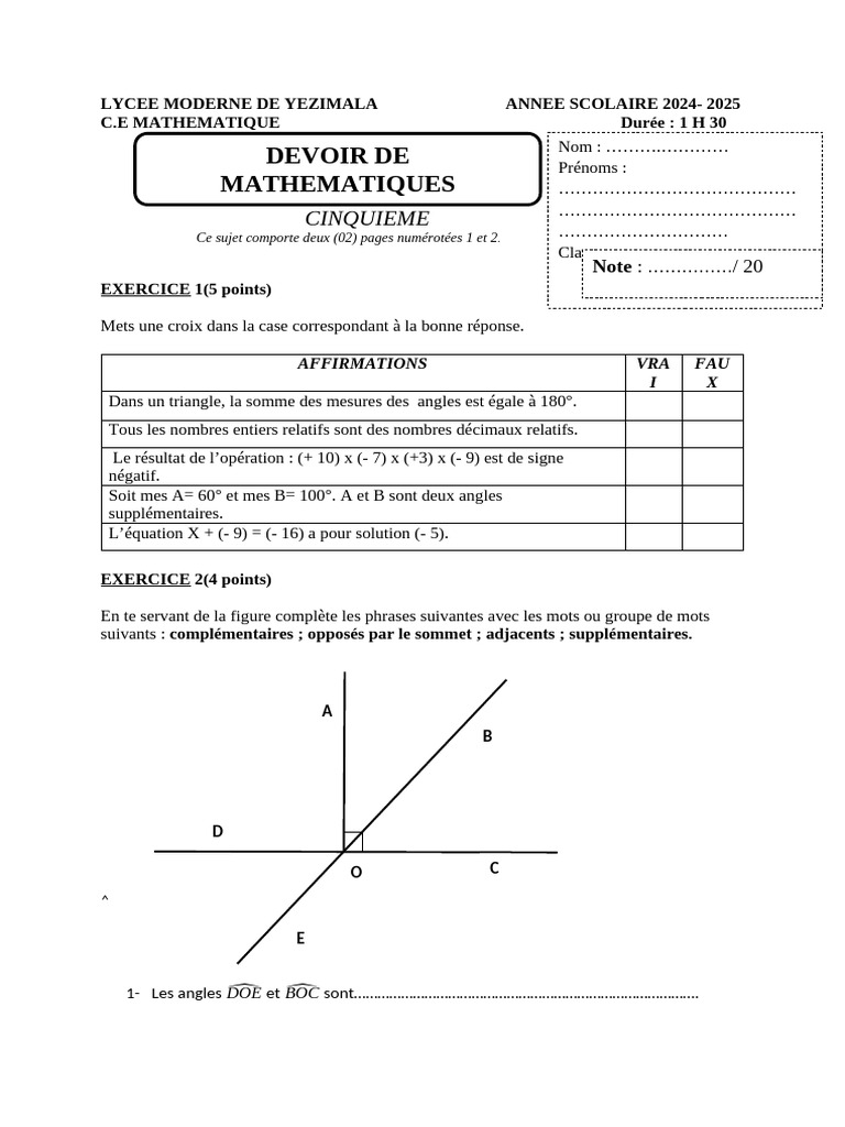Devoir de mathématiques 5ème 2024-2025 | PDF | Mathématiques ...