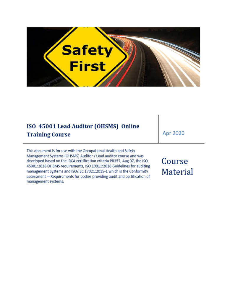 ISO 45001 Lead Auditor Course Material | PDF | Audit | Occupational ...