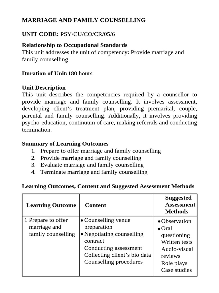 Marriage and Family Counselling Unit | PDF | Evaluation | Learning