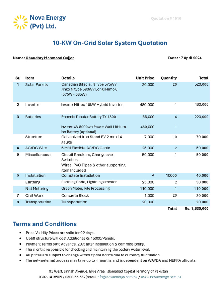 10-KW On-Grid Solar System Quotation | PDF | Power Inverter | Electric ...
