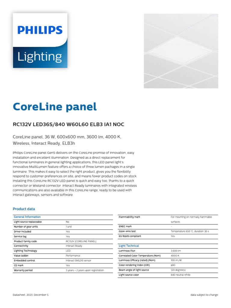 Philips CoreLine LED Panel RC132V 36W | PDF | Lighting ...
