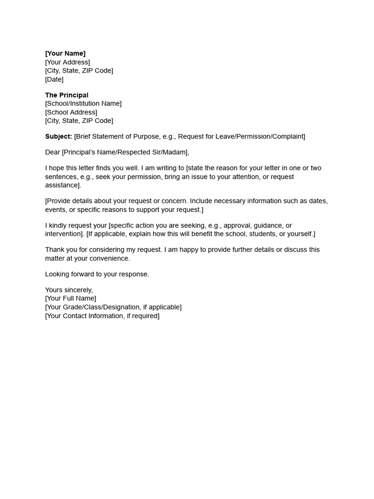 Formal Letter Template to Principal | PDF