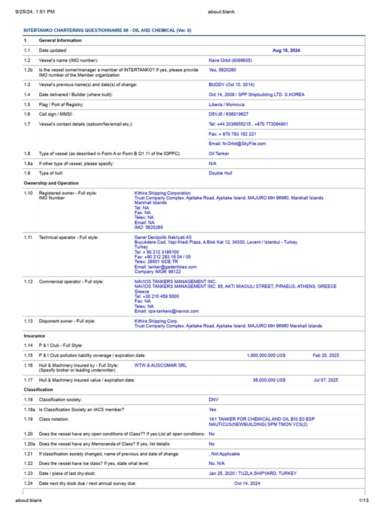 INTERCARGO Q88 Questionnaire 2024 | PDF | Pump | Tonnage