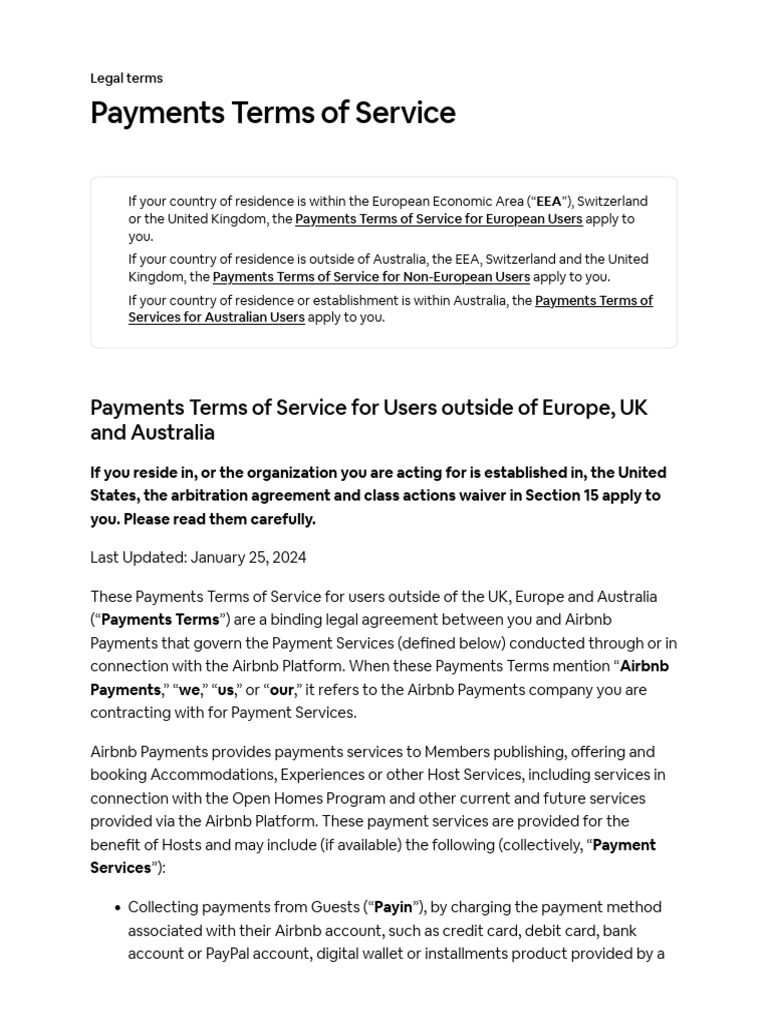 Payments Terms of Service For Users Outside of The EEA UK and Australia ...
