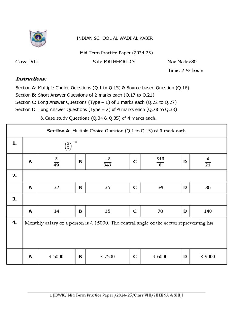 Class 8 Maths Mid Term Paper 2024 | PDF | Rectangle | Mathematics