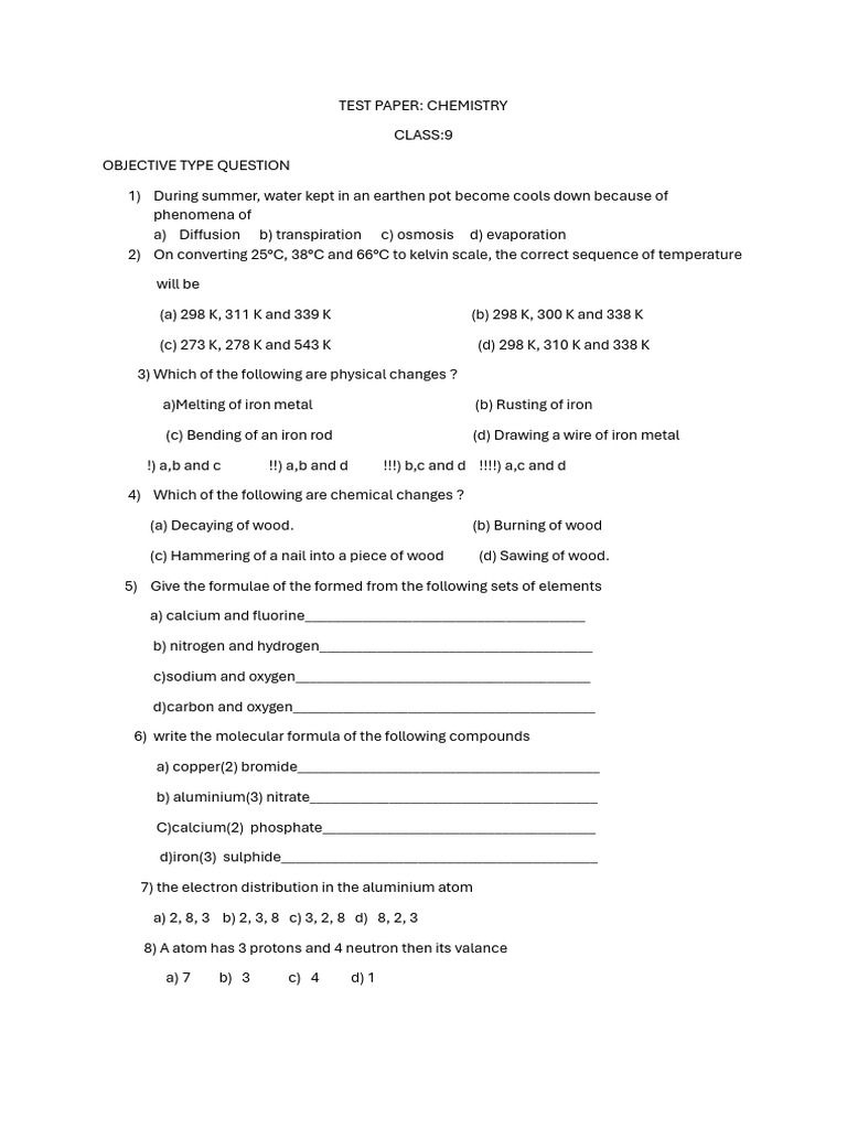 Chemistry Test Paper for Class 9 | PDF | Iron | Atoms