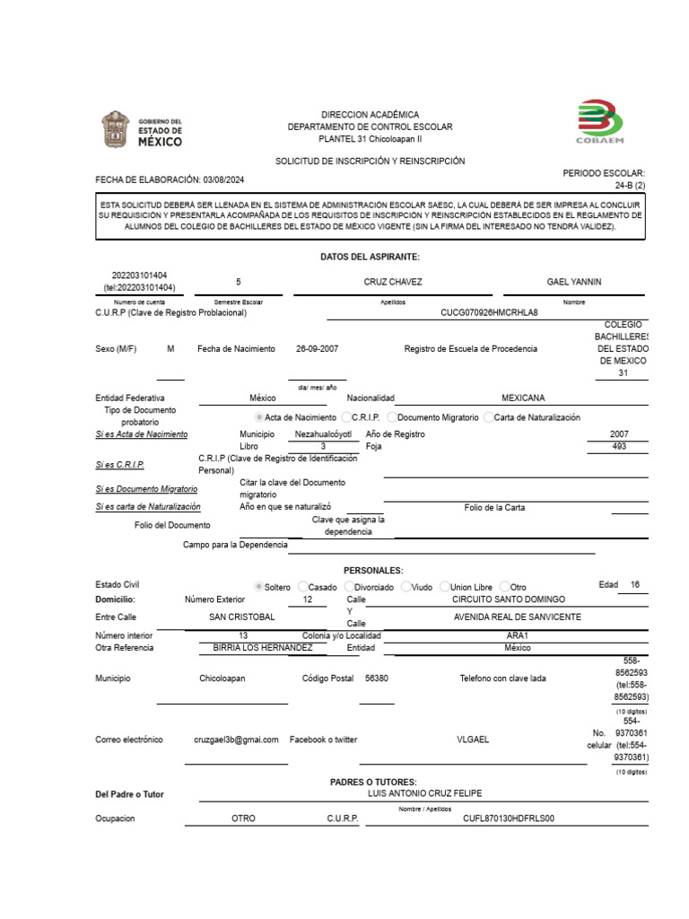 Solicitud de Inscripción Cobaem 31 Chicoloapan | PDF