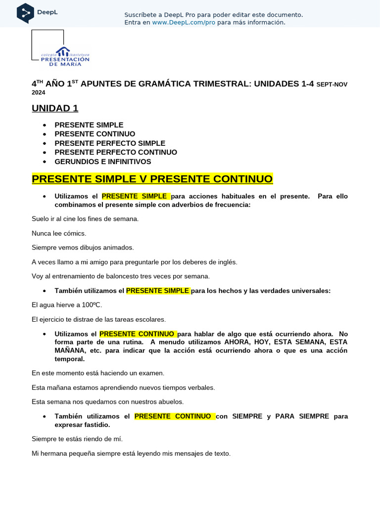 4th Year 1st Term Grammar Units 1-4 Es | PDF | Verbo | Adjetivo