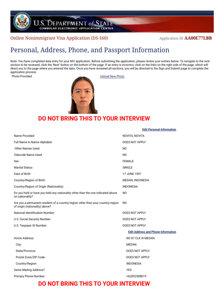 Non-Immigrant Visa - Review Personal, Address, Phone, and Passport ...