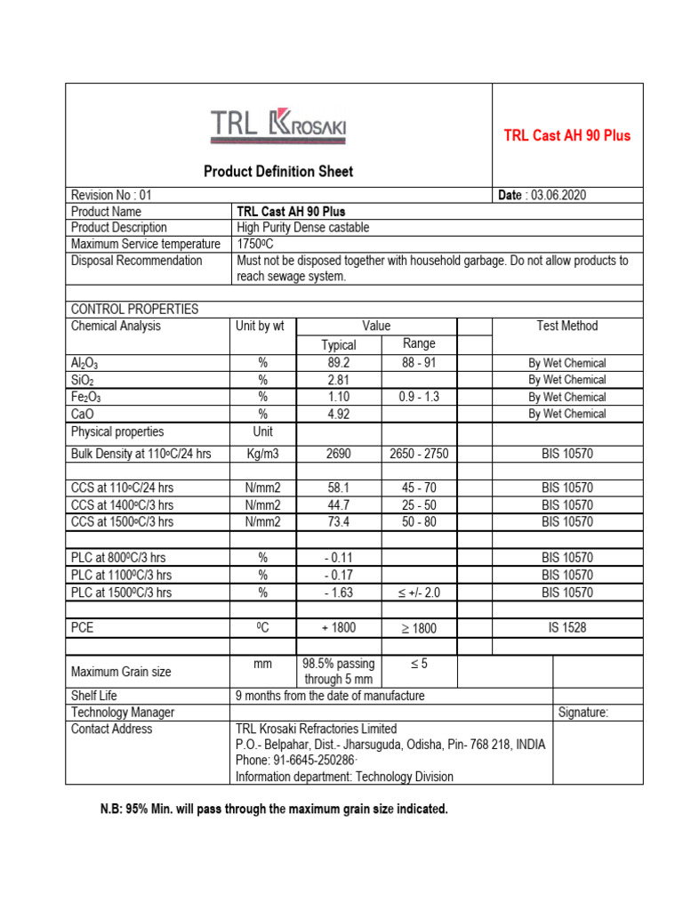 TRL Cast AH 90 Plus Product Sheet | PDF | Building Engineering | Materials