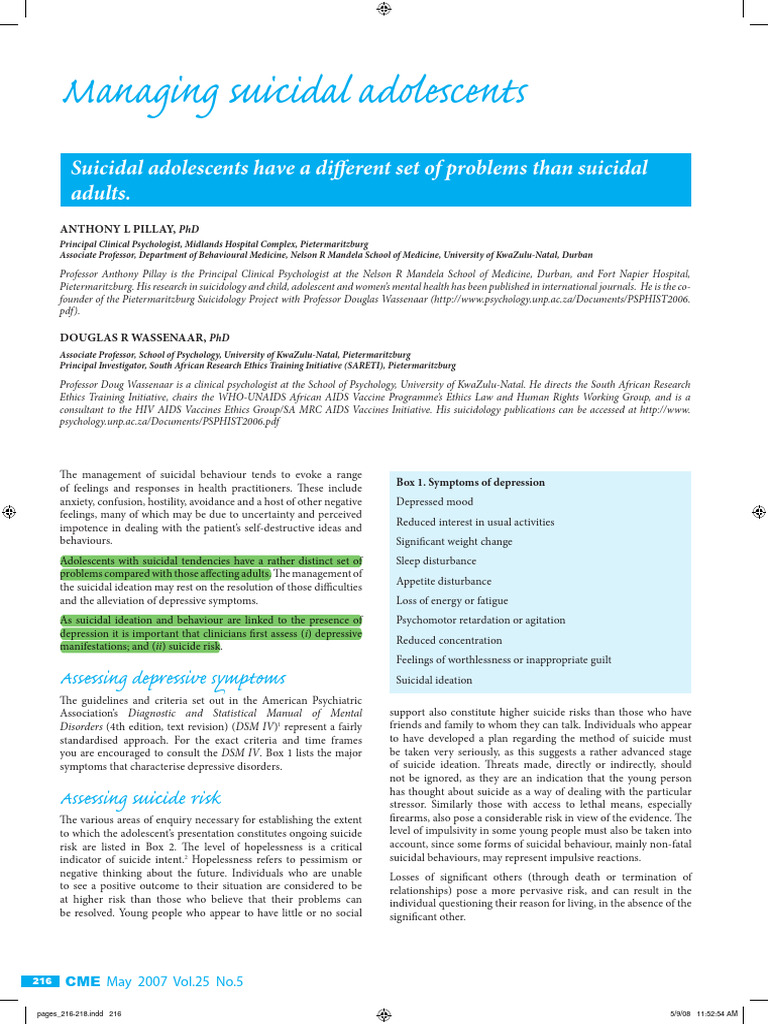 Managing Adolescent Suicidal Behavior | PDF | Major Depressive Disorder ...