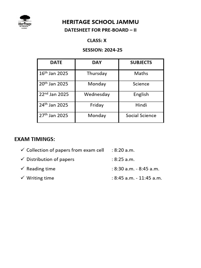 Heritage School Jammu Class X Pre-Board Datesheet | PDF