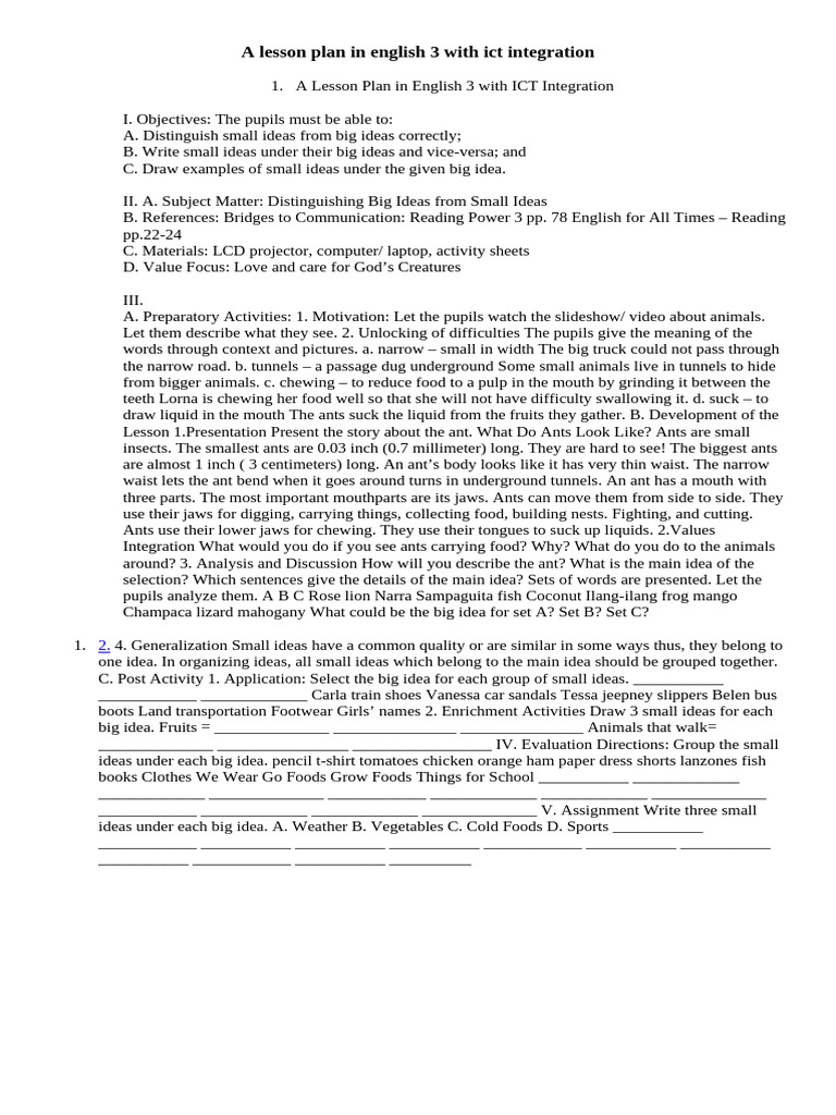 English 3 Lesson Plan with ICT Integration | PDF | Ant | Mouth