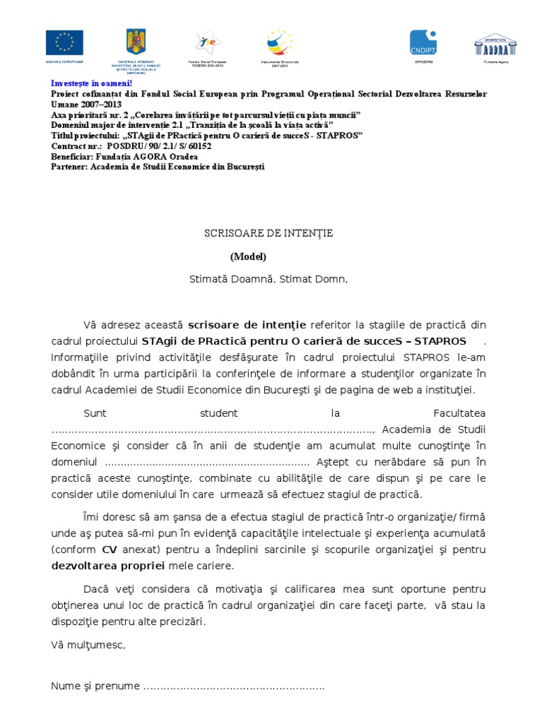 Model Scrisoare de Motivare