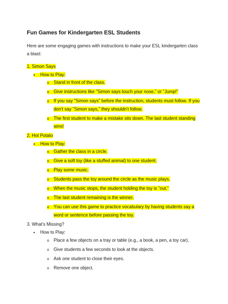 Engaging ESL Games for Kindergarten | PDF