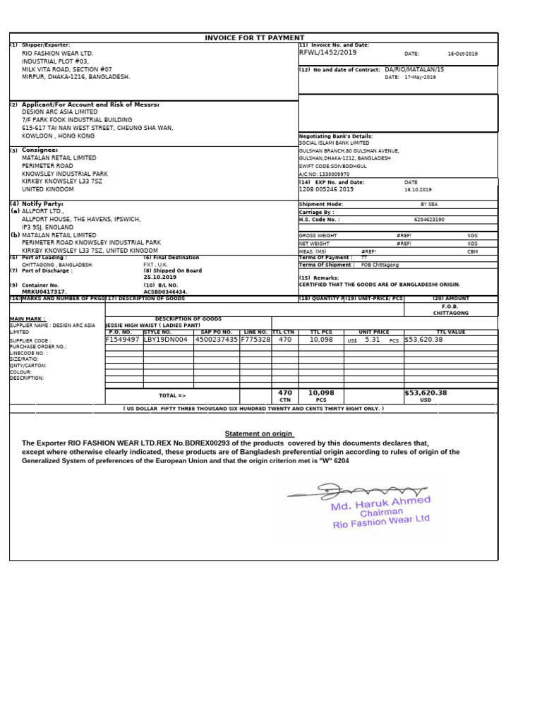 Invoice for TT Payment - RIO Fashion Wear | PDF