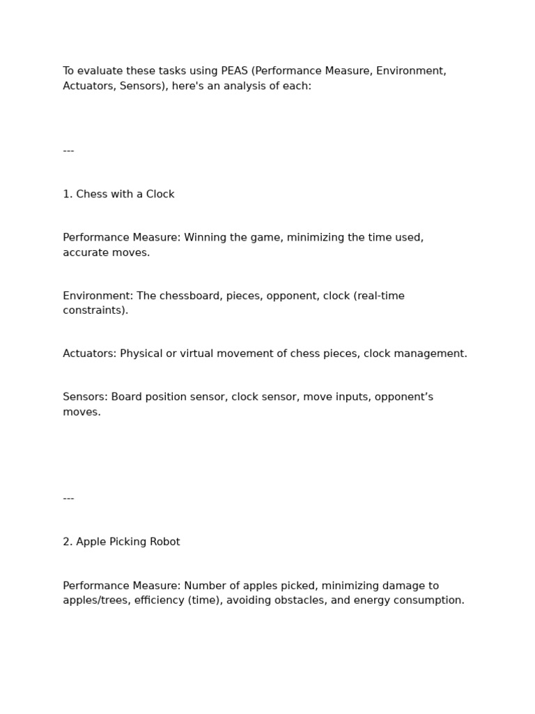 PEAS Framework Analysis for Various Tasks | PDF | Medical Diagnosis ...
