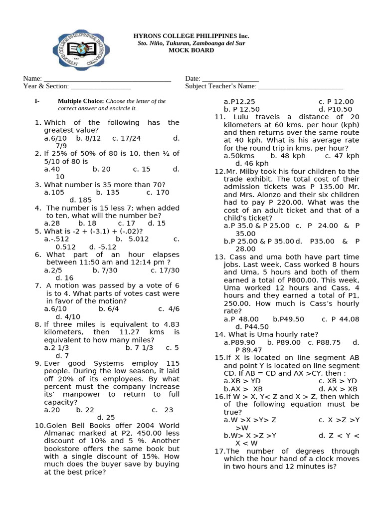 Mock Board Exam for Hyrons College | PDF | Teachers | Multimedia