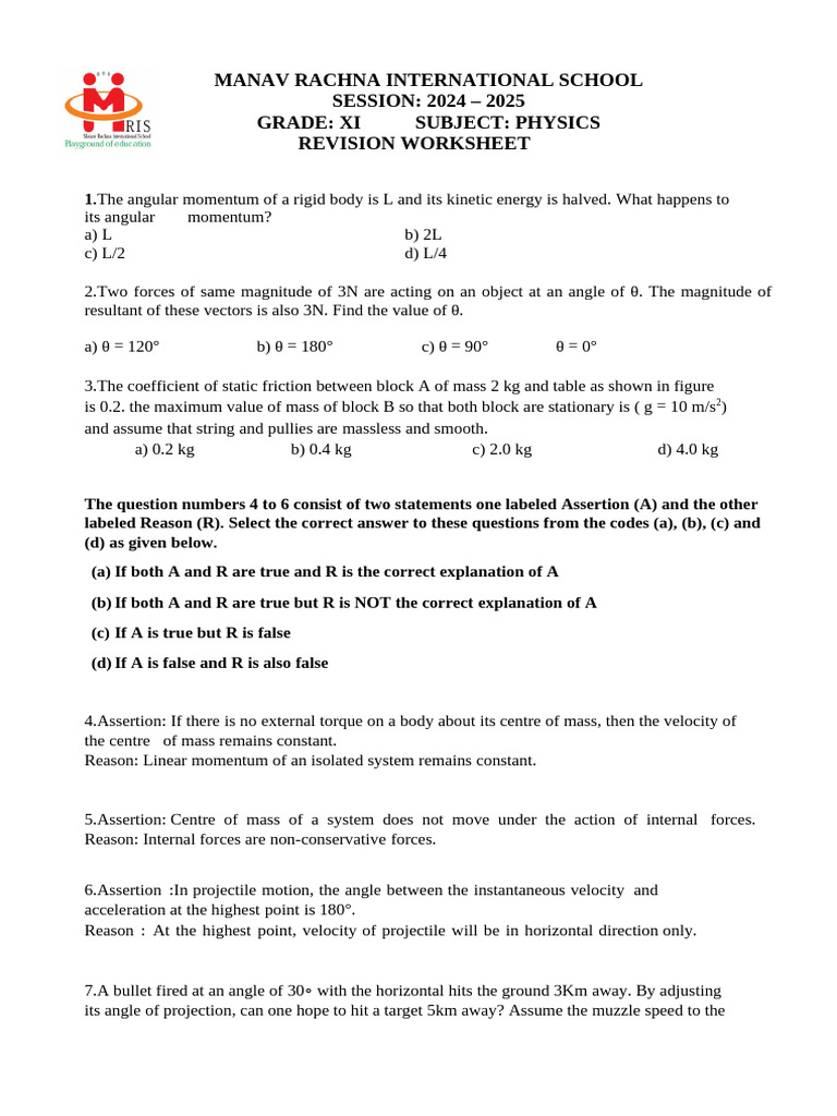 Physics Revision Worksheet for Grade XI | PDF | Force | Momentum