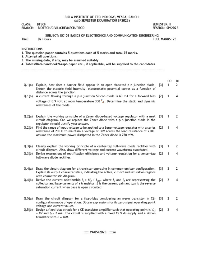 Ec101 basics of electronics and communication engineering mid sp23