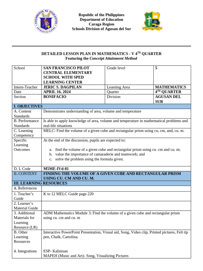 Grade 8 Math Lesson Plan: Volume | PDF | Volume | Length