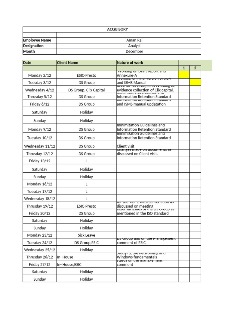 Time Sheet December | PDF | Workweek And Weekend